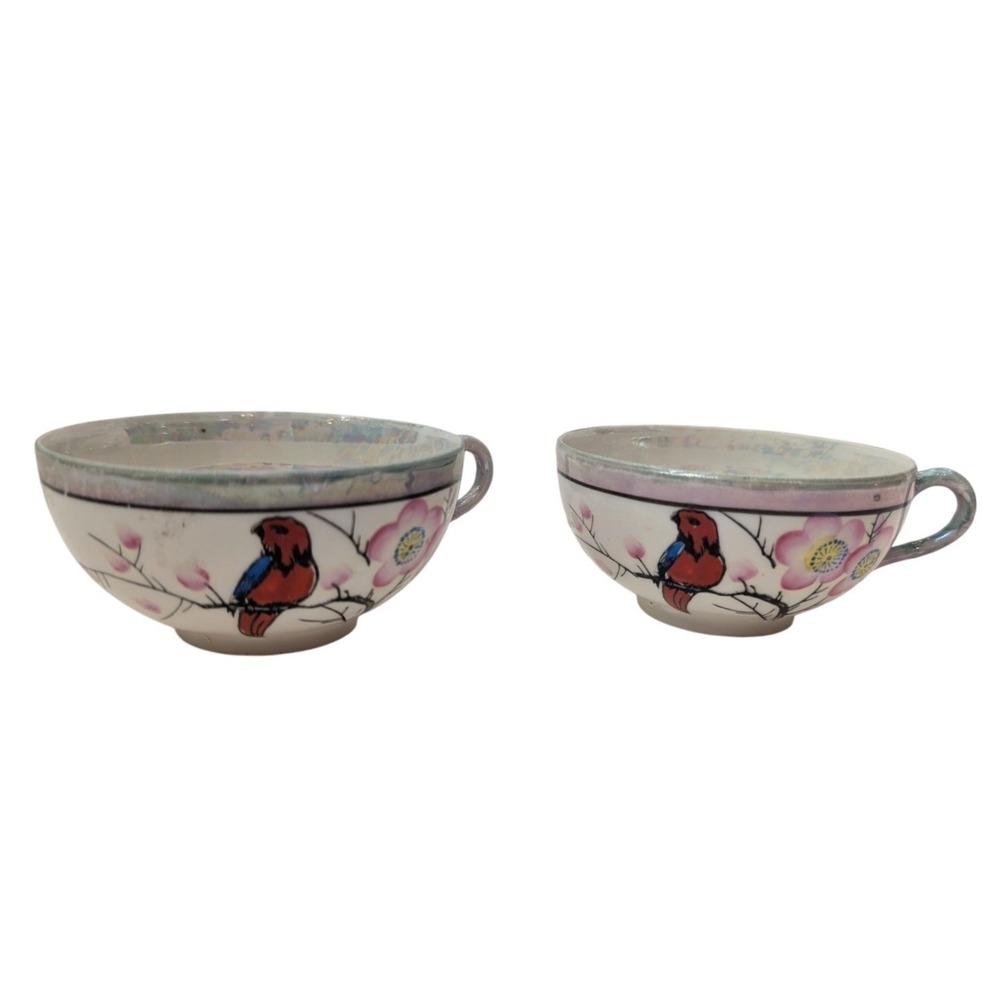 Iridescent Red Birds on Cherry Blossom Trees Tea Cups (Set of 2) Made in‎ Japan